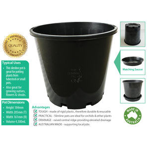 200mm Slimline BLACK Plastic Pots with Saucers. For potting plants orchids trees