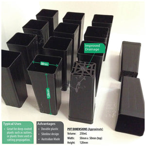 50mm Native Square BLACK Plastic Tube Pots, Deep Forestry Tubestock