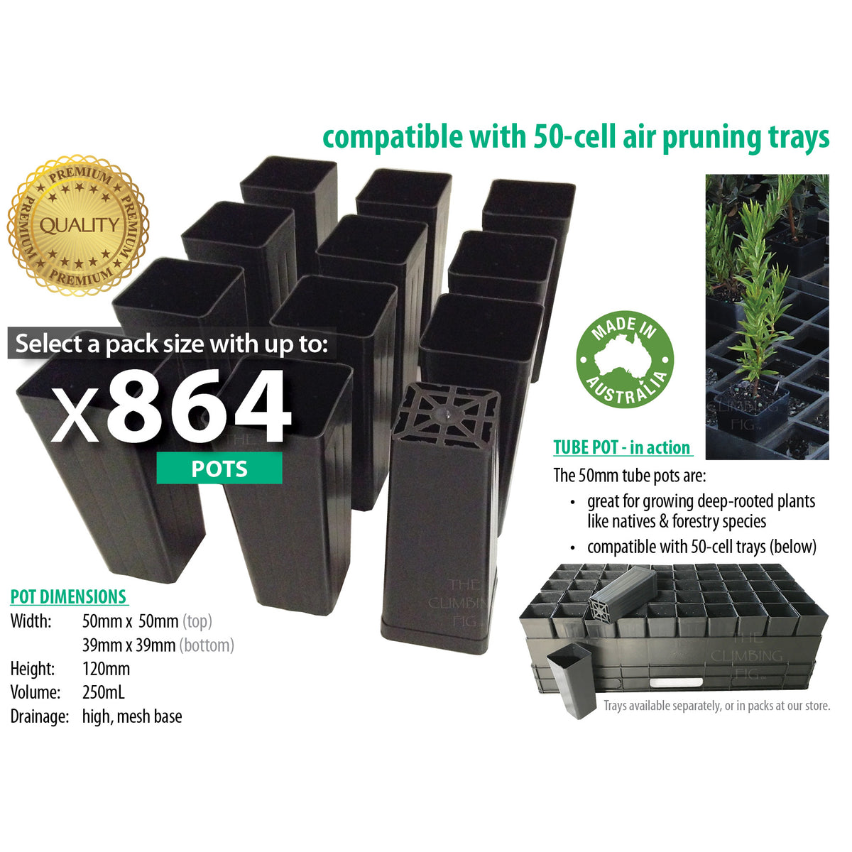 50mm Native Square BLACK Plastic Tube Pots, Deep Forestry Tubestock