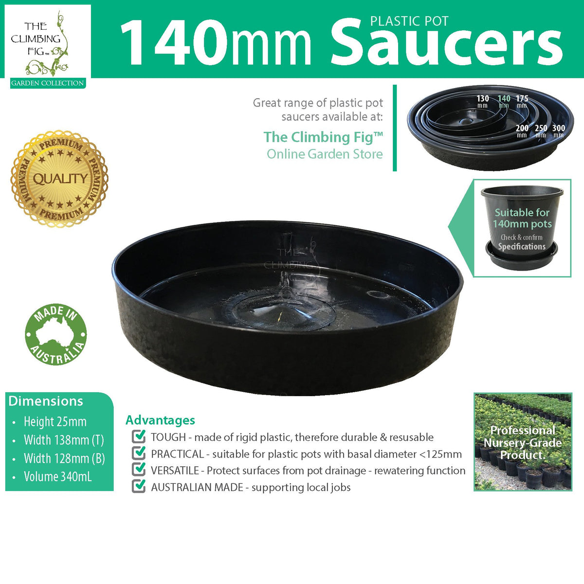 Black Plastic Pot Saucers Range. For 130mm 140mm 175mm 200mm 250mm &amp; 300mm pots