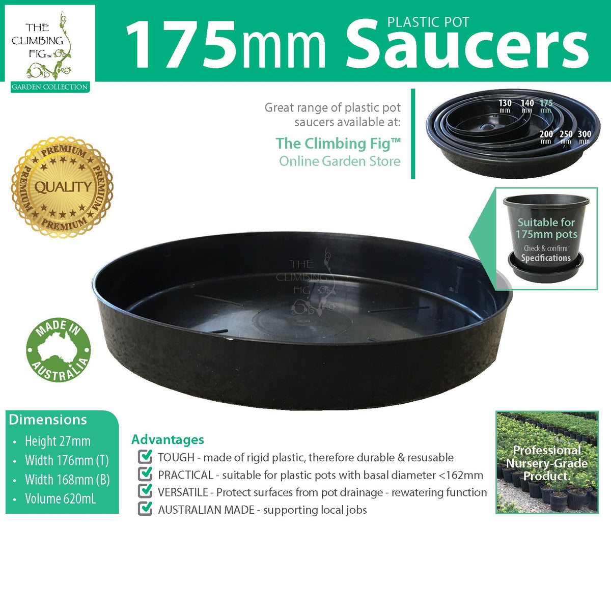Black Plastic Pot Saucers Range. For 130mm 140mm 175mm 200mm 250mm &amp; 300mm pots