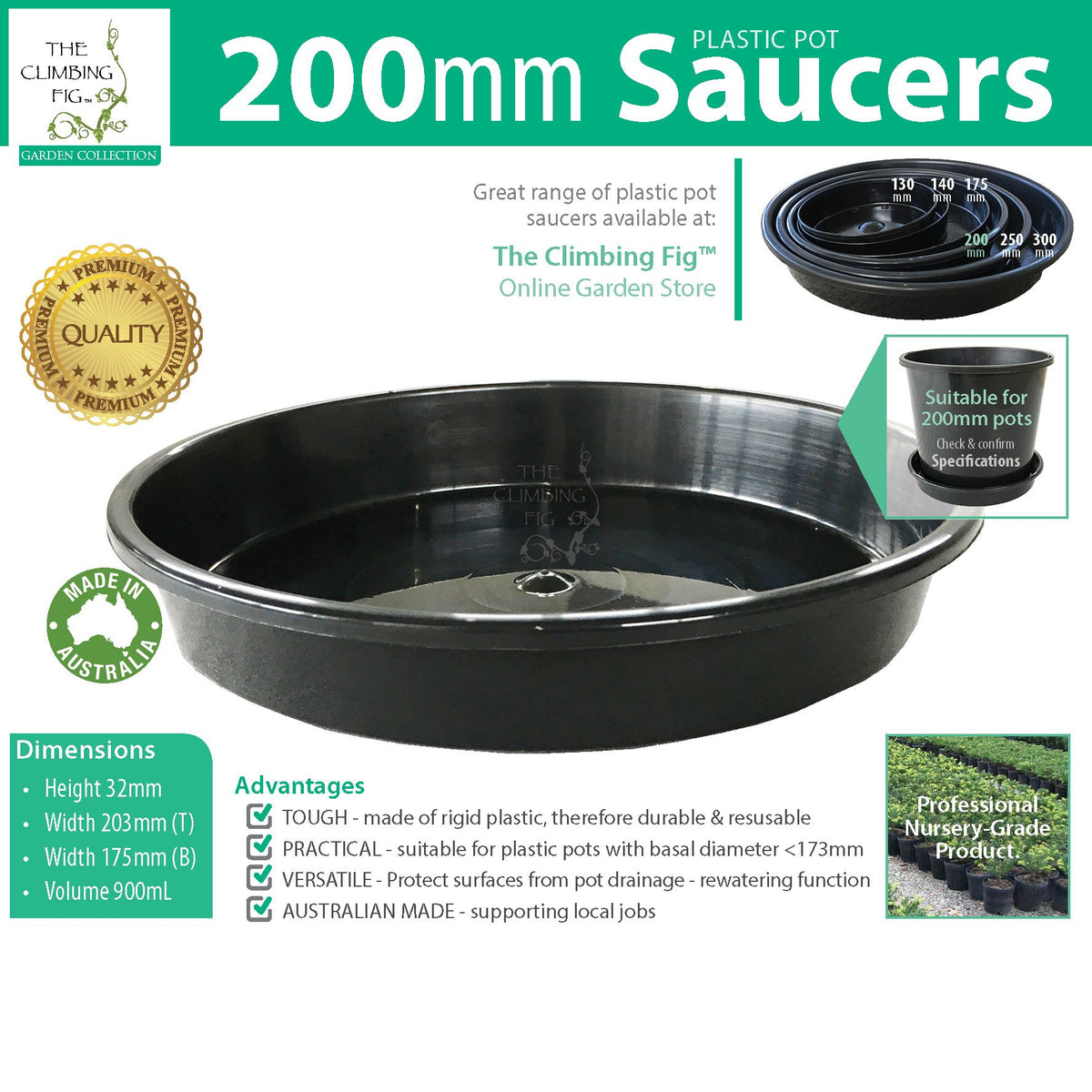 Black Plastic Pot Saucers Range. For 130mm 140mm 175mm 200mm 250mm &amp; 300mm pots
