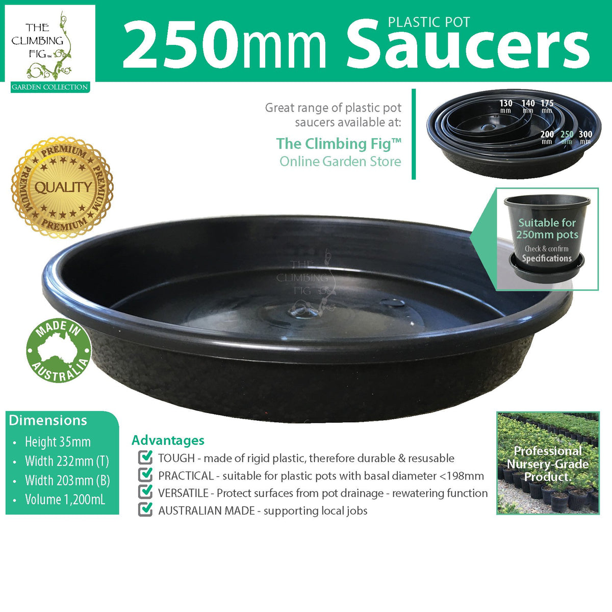 Black Plastic Pot Saucers Range. For 130mm 140mm 175mm 200mm 250mm &amp; 300mm pots