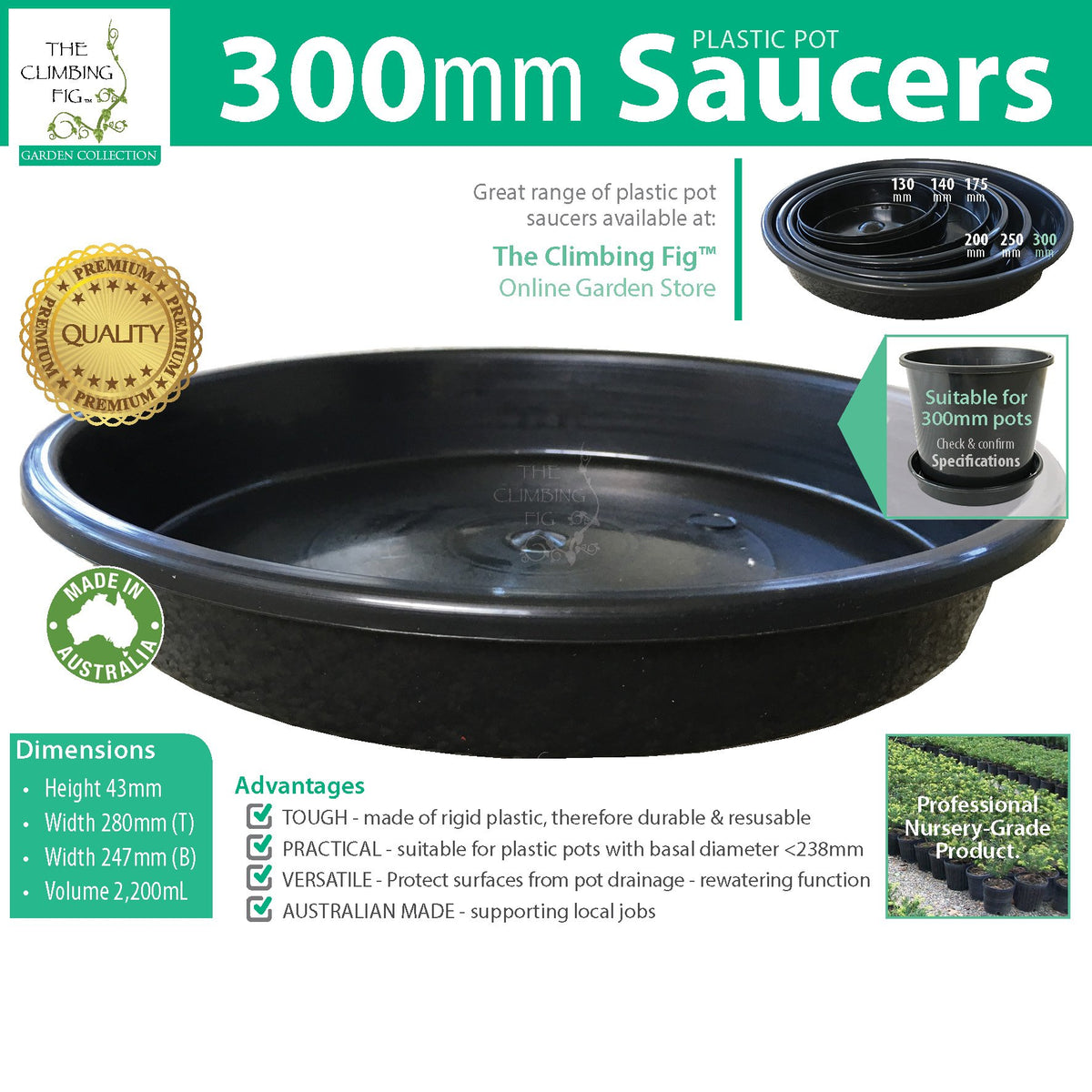 Black Plastic Pot Saucers Range. For 130mm 140mm 175mm 200mm 250mm &amp; 300mm pots