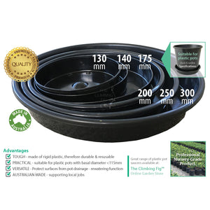 Black Plastic Pot Saucers Range. For 130mm 140mm 175mm 200mm 250mm & 300mm pots