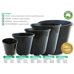 Slimline BLACK Plastic Pots Range. 100mm 130mm 180mm 200mm & 230mm pots