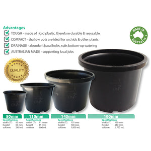 Squat BLACK Plastic Pots Range. 80mm 110mm 140mm & 190mm nursery pots