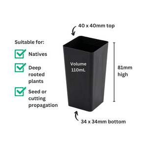 40mm Square BLACK Plastic Propagation Tube Pots. For seeds, seedlings, cuttings
