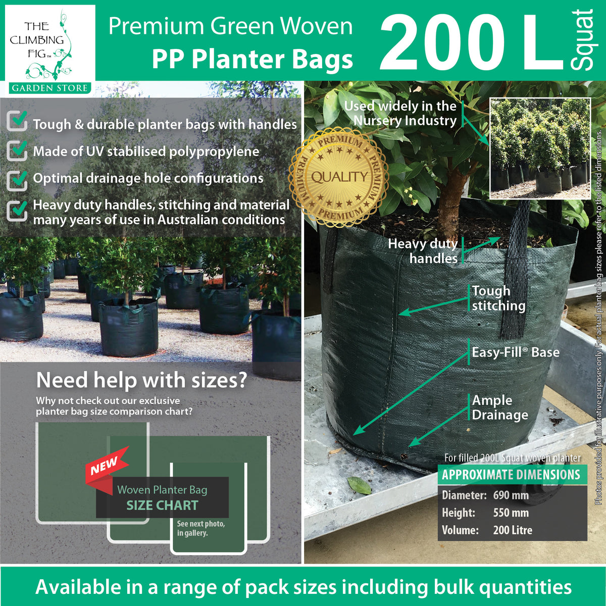 200 Litre Squat WOVEN Planter Bags w Easy Fill Round Base. Grow trees plants