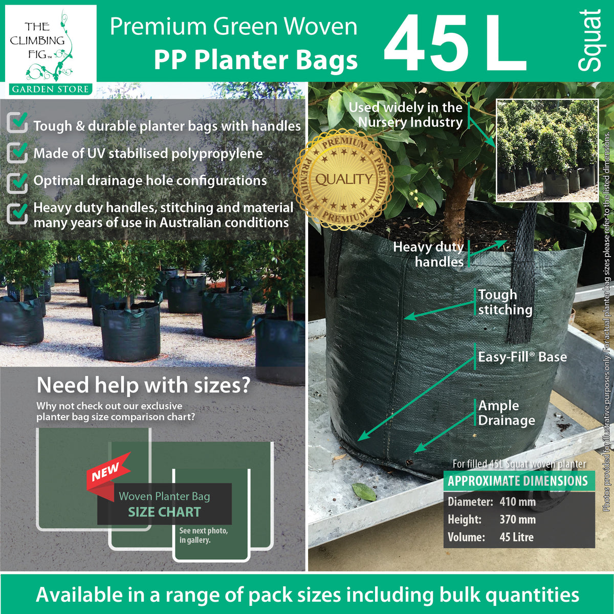WOVEN Grow Planter Bags Range 20 Litre to 300 Litre w Easy Fill Round Base