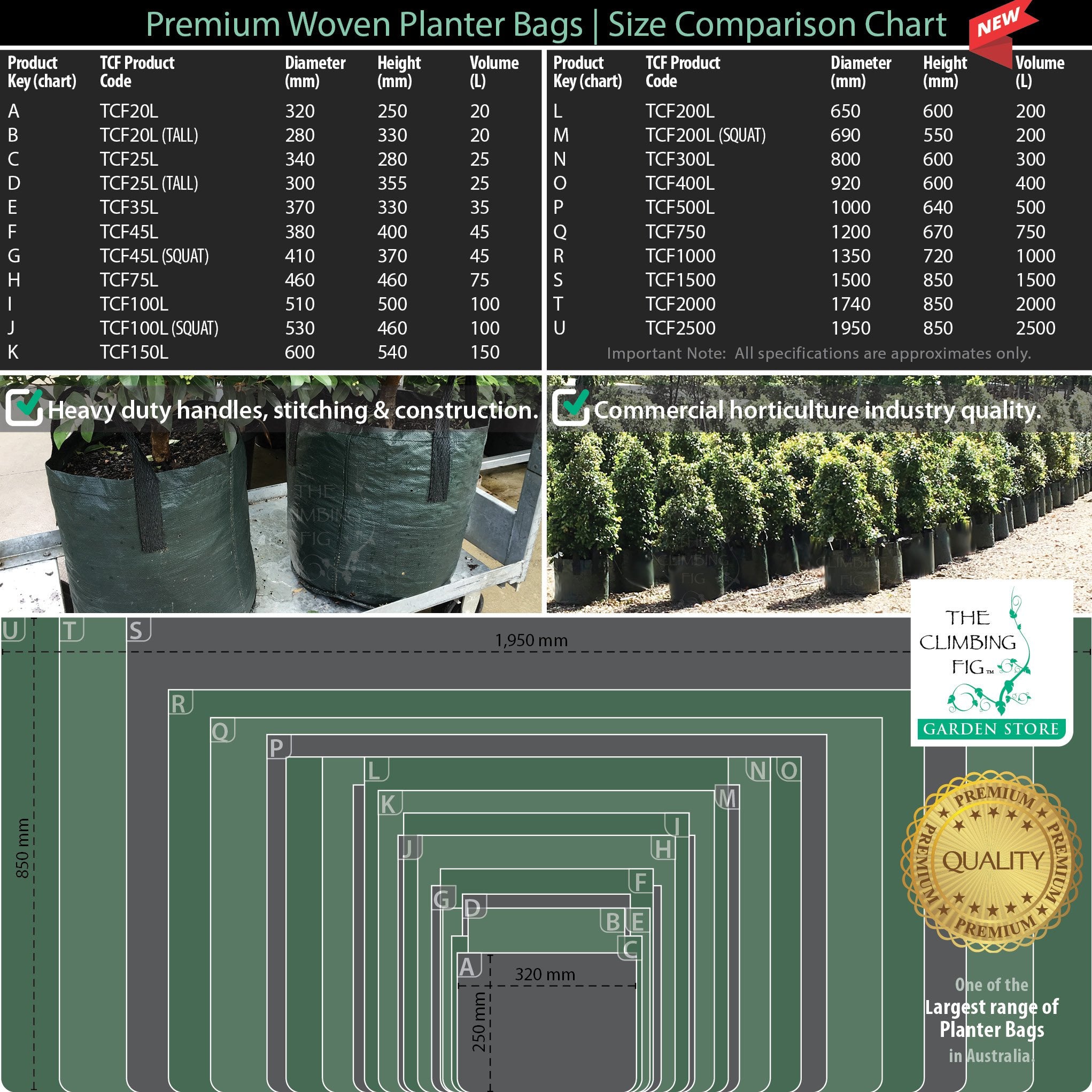25 Litre Tall WOVEN Planter Bags w Easy Fill Round Base. Grow