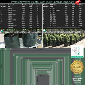 Woven planter bags size chart