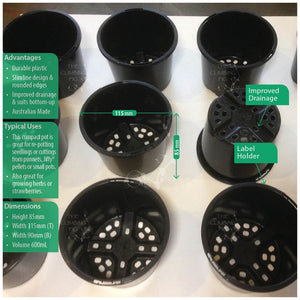 110mm Squat BLACK Plastic Pots. For potting seedlings, garden plants, shrubs