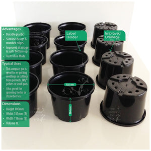 140mm Squat BLACK Plastic Pots. For potting seedlings, garden plants, shrubs