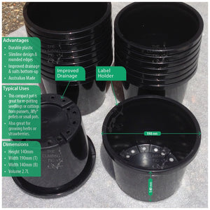 190mm Squat BLACK Plastic Pots. For potting seedlings, garden plants, shrubs