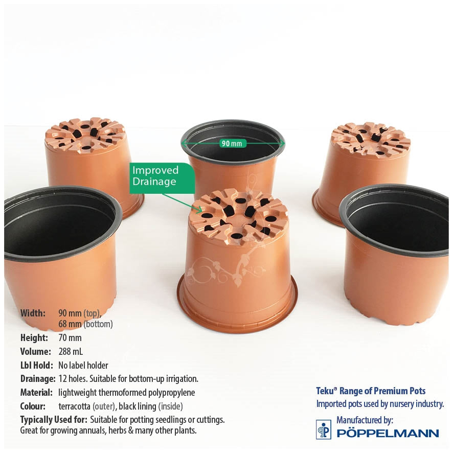 90mm Teku Round TERRACOTTA Plastic Pots. For seedlings, flowers, herb plants